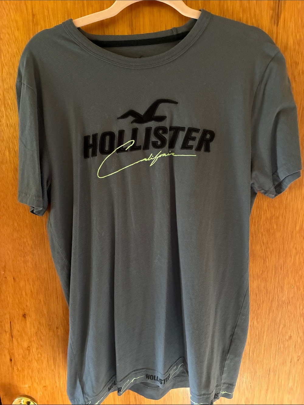 Hollister Men's Charcoal Gray Logo Tee with Neon Script